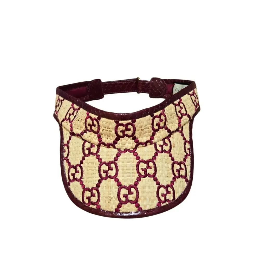Gucci GG Monogram Raffia Wicker Woven Visor Cap Hat Red Maroon Tan Authentic